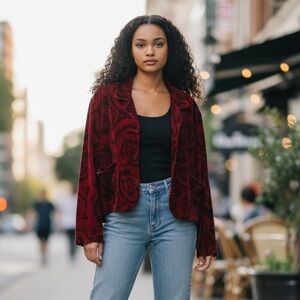 Jenny Helene Silk Rayon Shirt Velvet Floral Rose Motif Y2K Dark Romantic Vintage